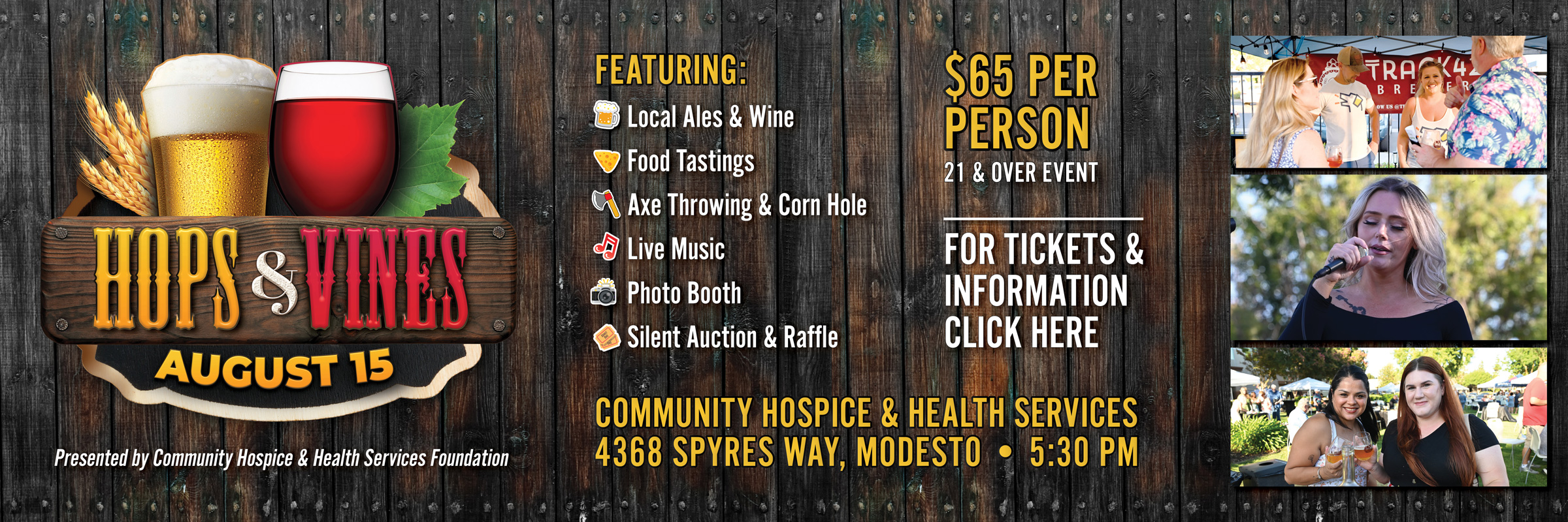 Hops & Vines Beer & Wine Tasting | Aug 15, 2026 | Modesto, CA Hops & Vines craft beer and wine tasting fundraiser event banner, August 15 in Modesto CA, benefiting Community Hospice & Health Services Foundation